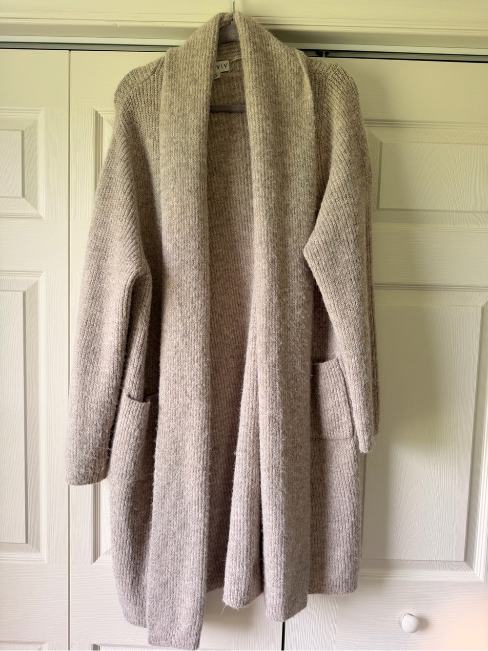 Ava & Viv Open-Front Long Cardigan in Light Taupe